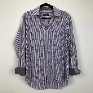 Bugatchi Uomo Mens Button Up Shirt Striped Flip Cuff Embroidered Leaf Pattern L